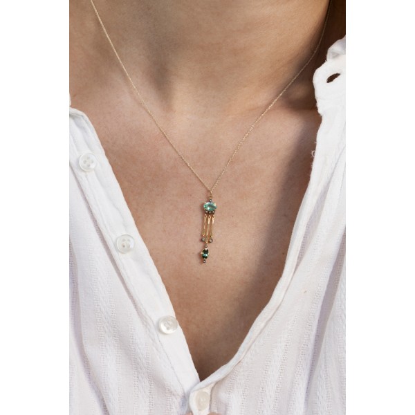 5 Octobre aukso kaklo papuošalas su apatitais, deimantais ir žaliu turmalinu